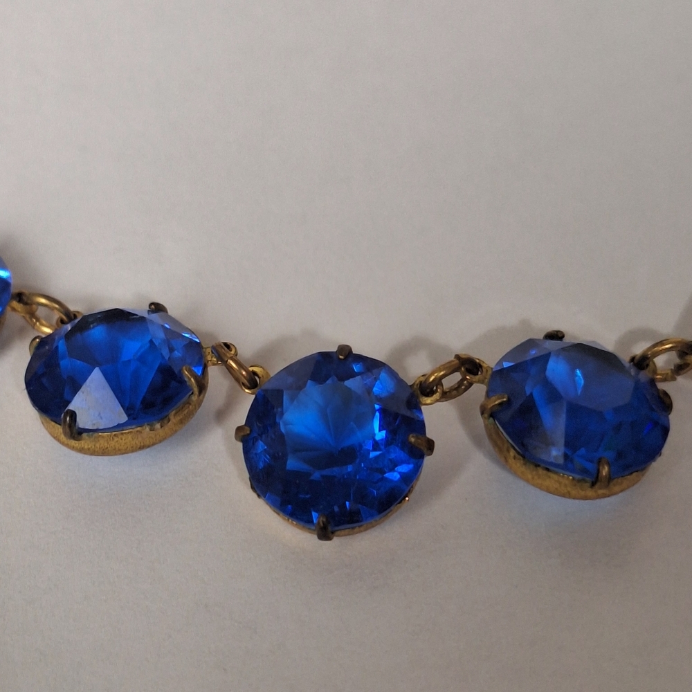 Antique Riviere Art Deco Gold Tone Sapphire Blue Glass Necklace 15" 1920s 1930s - Picture 11 of 16